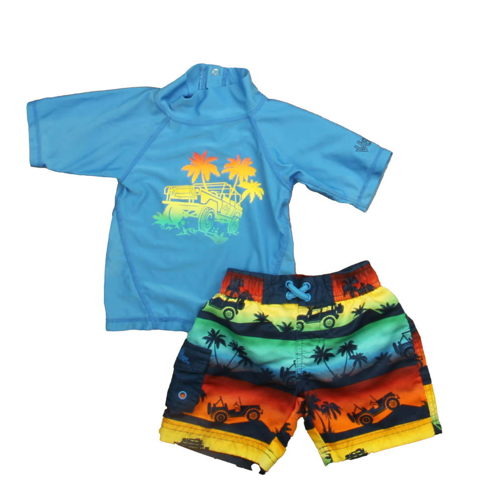 UV Skinz Boys Blue | Yellow Palm Trees 2-piece Swimsuit size: 12-18 Months